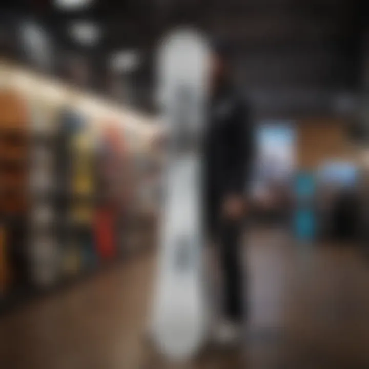 An individual inspecting a Burton Custom snowboard in a retail setting.