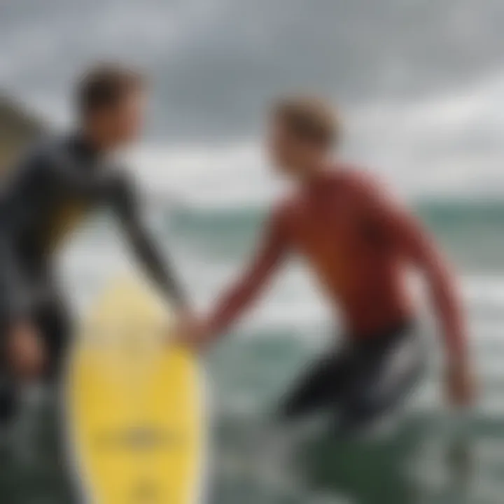A mentor guiding a young surfer, highlighting the bond of mentorship
