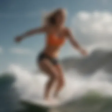 Female surfer conquering massive waves in specialized athletic shorts