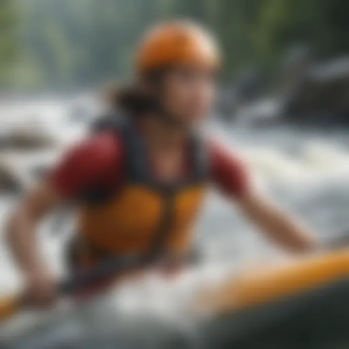 Woman kayaker skillfully maneuvering through challenging rapids in shorts designed for extreme conditions