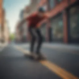 A rider gracefully cruising on a longboard through a vibrant urban landscape.