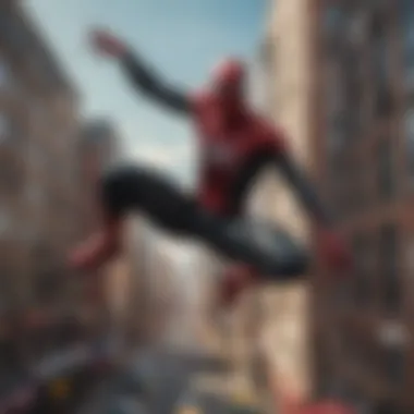 Close-up of Black Suited Spiderman in mid-air performing a daring stunt