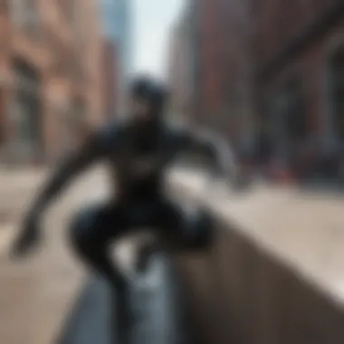 Black Suited Spiderman navigating through a challenging urban obstacle course