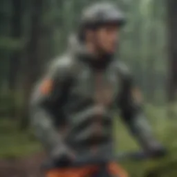 A dynamic outdoor scene featuring a camo windbreaker in action during a mountain biking adventure.