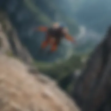 Brave base jumper taking the leap from a towering cliff with breathtaking scenery