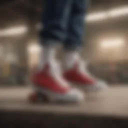 Skateboarder performing a kickflip in tennis shoes