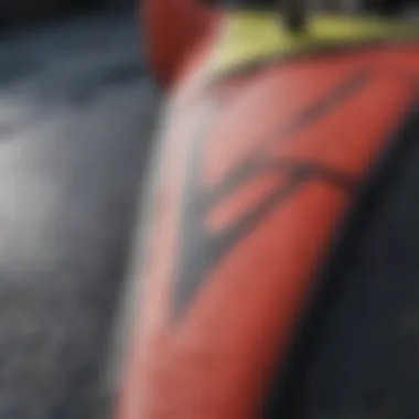 A close-up of the materials used in the construction of an inflatable windsurf board