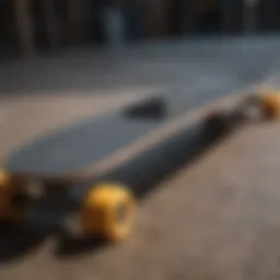 A variety of long skateboard models lined up for comparison