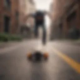 An artistic view of a longboard gliding through an urban landscape
