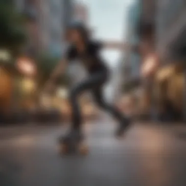 A skater performing tricks in an urban environment wearing Moxi Jungle Skates.