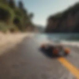 Dynamic pennyboard surfskating on a coastal pathway