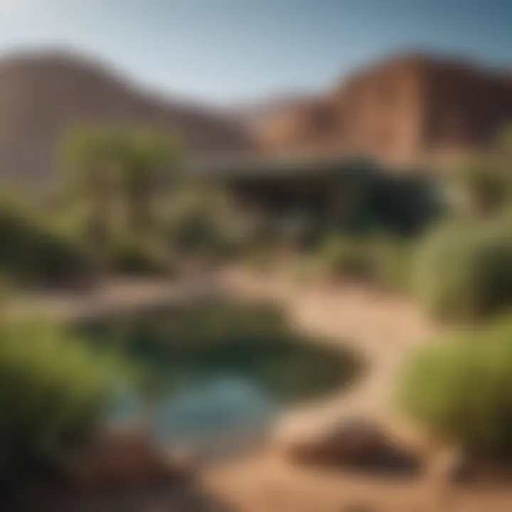 Lush green oasis in the midst of arid desert