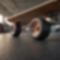A close-up view of a pre-built skateboard showcasing its deck and wheels