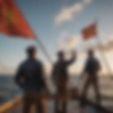 Seafarers Engaging in Signal Flag Communication Sailors Communicating Using Signal Flags