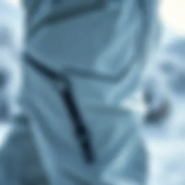 Close-up of snow pants fabric and features