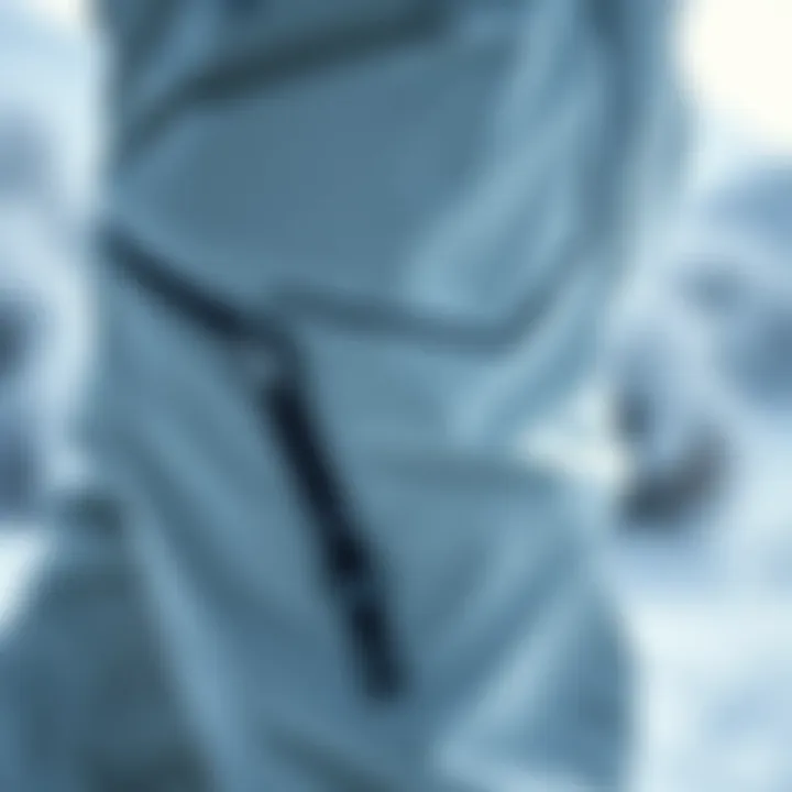 Close-up of snow pants fabric and features