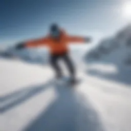 Snowboarder capturing aerial view with selfie stick