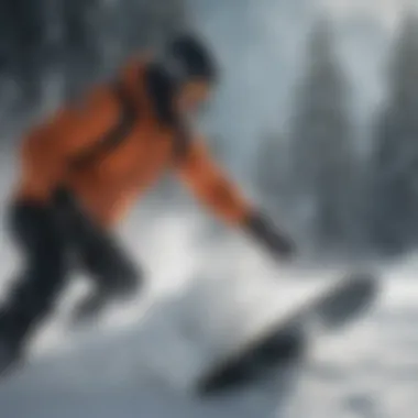 Snowboarder carving through snow