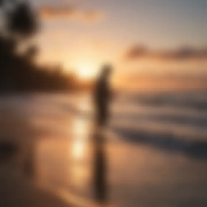 A picturesque view of anglers fishing along the shoreline during sunset