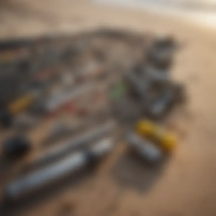 An array of surf fishing gear laid out on the beach, showcasing various rods and tackle