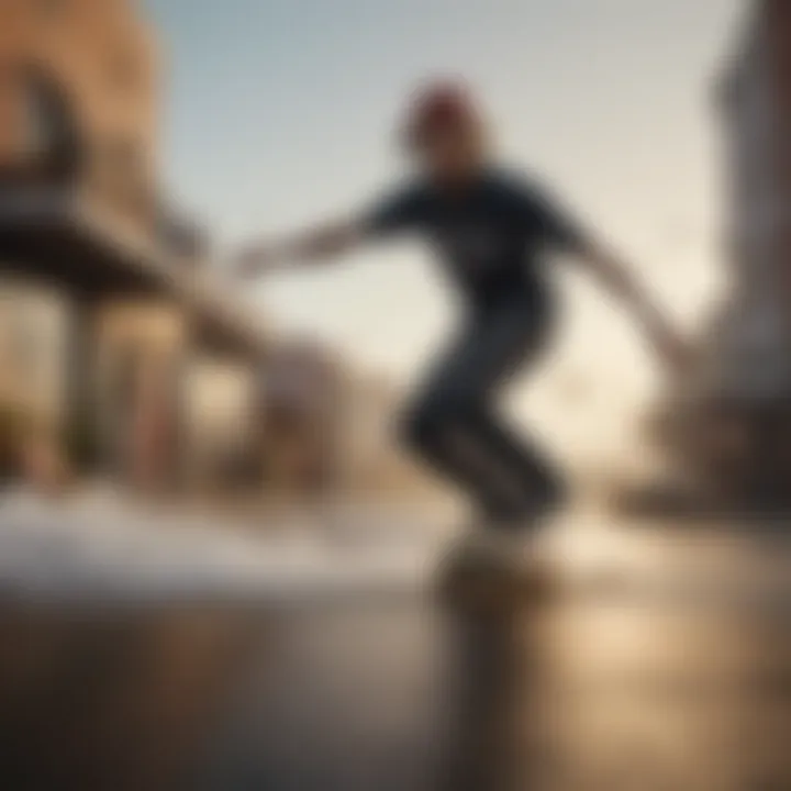 A vibrant community scene of skateboarders and surfers sharing experiences, highlighting the cultural bond.