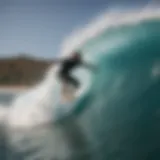 A vivid depiction of a surfer riding a wave, showcasing the fluidity of movement and skill.