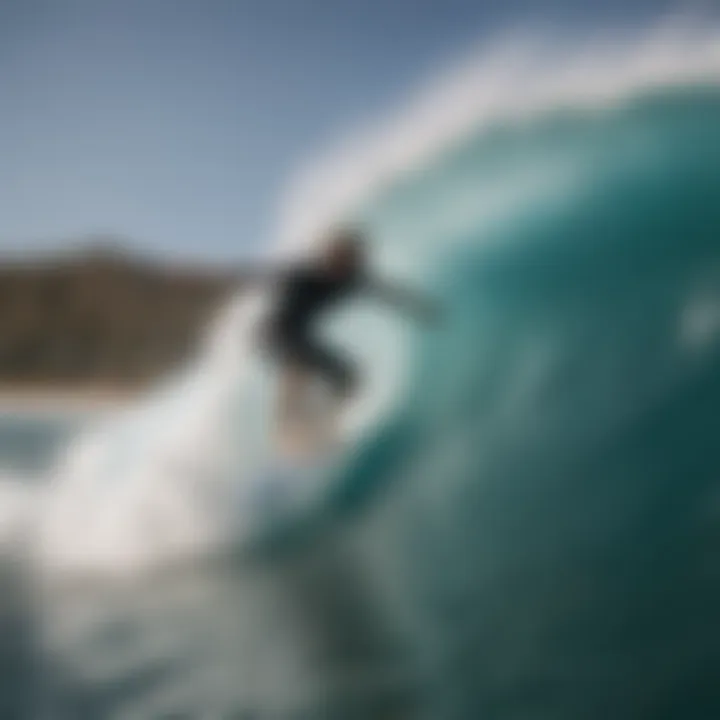A vivid depiction of a surfer riding a wave, showcasing the fluidity of movement and skill.