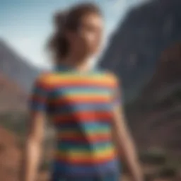 Vibrant rainbow stripe t-shirt showcased in an outdoor extreme sports setting