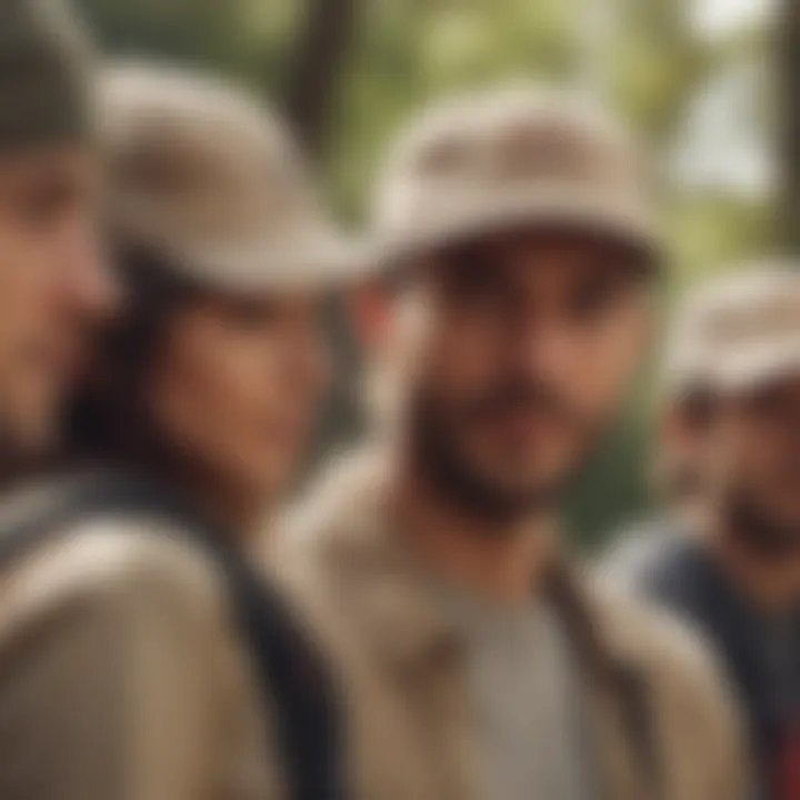 A group of friends outdoors wearing beige dad hats, enjoying adventure sports.