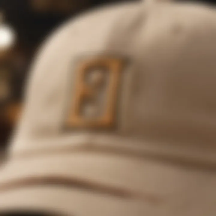 A close-up of a beige dad hat with embroidered logo, showcasing craftsmanship.