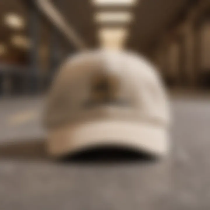 A beige dad hat resting on a skateboard, symbolizing urban culture.