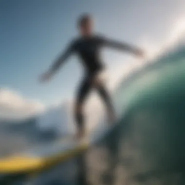 A beginner surfer riding a wave on a soft top surfboard