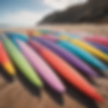 Colorful soft top surfboards lined up on the beach