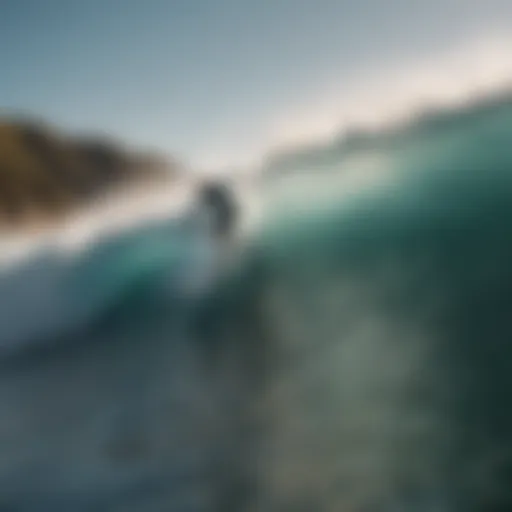 A stunning aerial view of a surfer riding massive waves at a pristine beach.