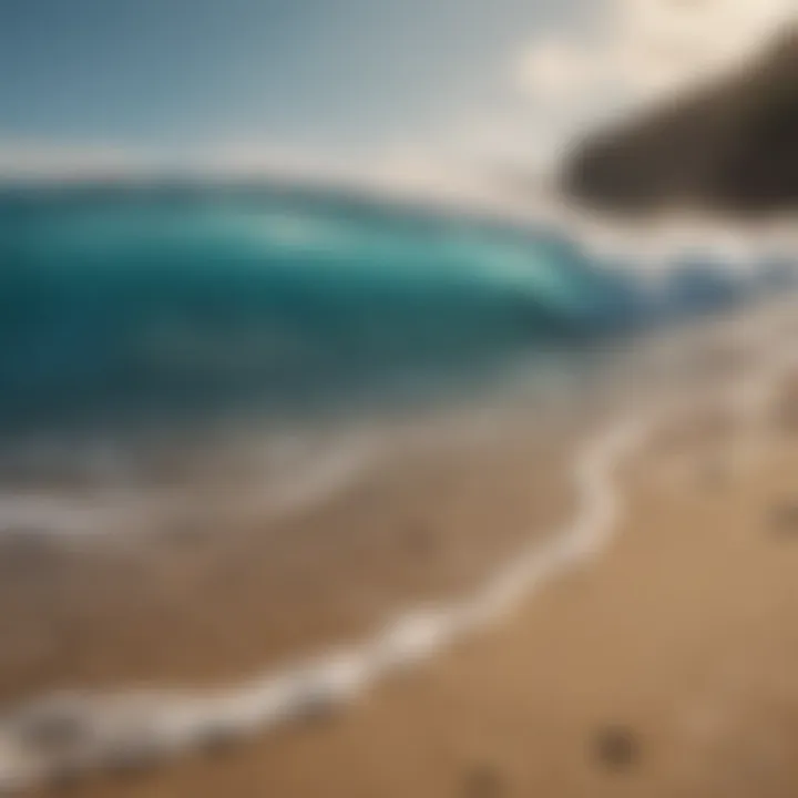An idyllic beach with crystal-clear waters and perfect wave conditions for surfing.