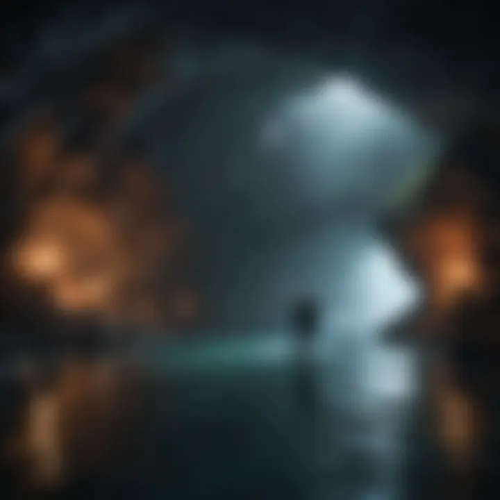 Underwater scene of a diver exploring an enchanting underwater cave