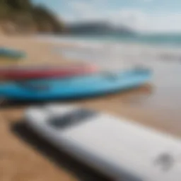 A variety of paddleboards lined up on a beach showcasing different shapes and colors.