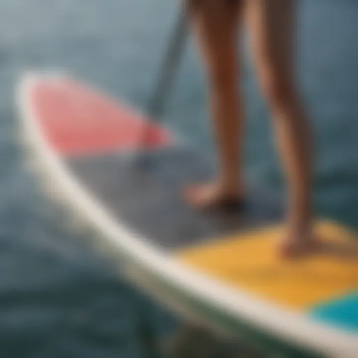 A close-up of a paddleboard highlighting its unique features like fins and deck pad.