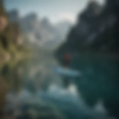 An action shot of paddleboarding on a calm lake surrounded by mountains.