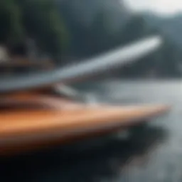 A close-up view of a hydrofoil board showcasing its sleek design and aerodynamic contours.