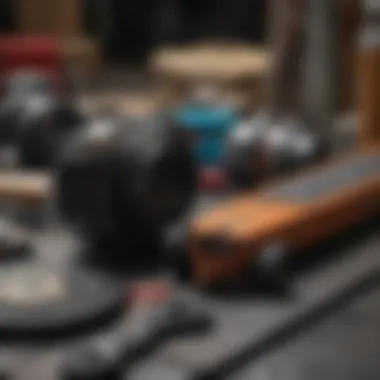 Maintenance tools and products for soft top longboards laid out neatly.
