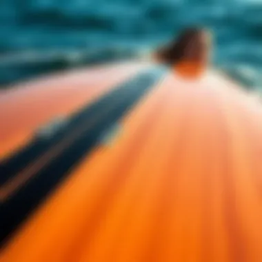 Unique Design of Hydroplane Surf Board A close-up view of a hydroplane surf board showcasing its unique contours and design features