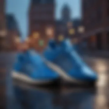 Stylish representation of blue Adidas footwear against an urban backdrop