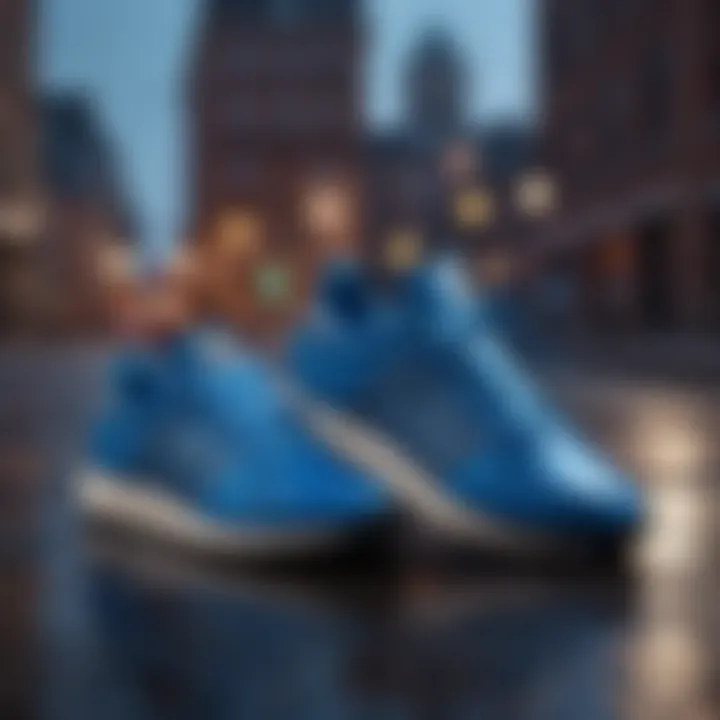 Stylish representation of blue Adidas footwear against an urban backdrop