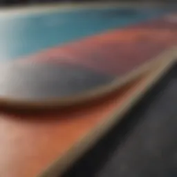 Close-up view of skateboard deck construction showcasing layers and materials