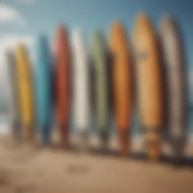 A selection of high-performance surfboards lined up on the beach.