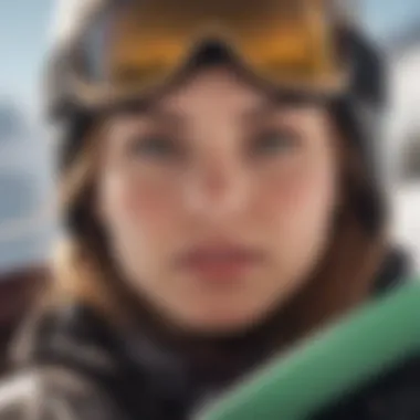 Detail View of a Female Snowboarder's Equipment Close-up of a female snowboarder's gear and board