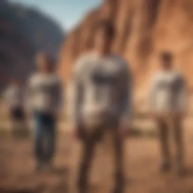 Stylish group of extreme sports enthusiasts wearing sand crewneck sweatshirts at a scenic outdoor location