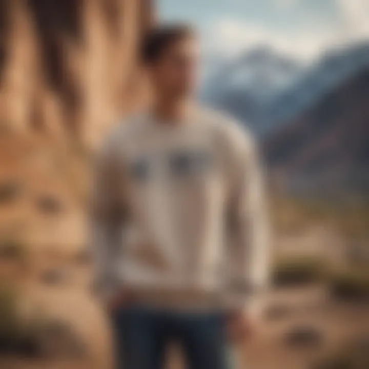 A sand crewneck sweatshirt hanging against a backdrop of rugged mountain terrain, symbolizing adventure