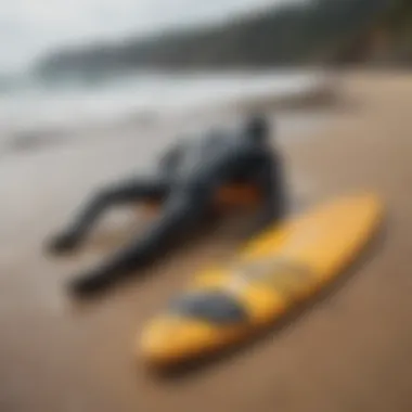Small Wetsuit at the Beach with Surfboards A small wetsuit laid out on a beach with surfboards in the background